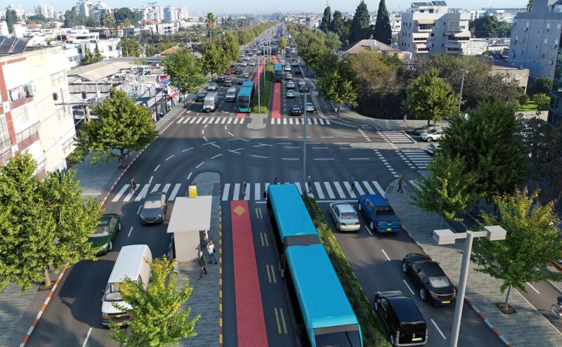 הדמיית הקו הכחול הראשון לציו,ן רחוב הרצל - קרל נטר מבט לצפון. קרדיט עדי בואנו סטודיו ארקפקט